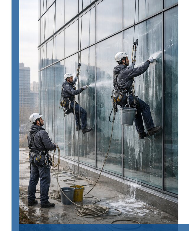 Промышленная мойка панорамных окон на высоте в Дзержинске