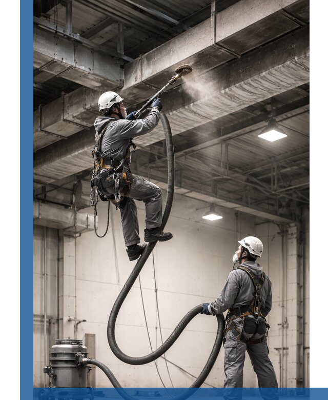 Обеспыливание потолочных конструкций в Дзержинске промышленным альпинизмом