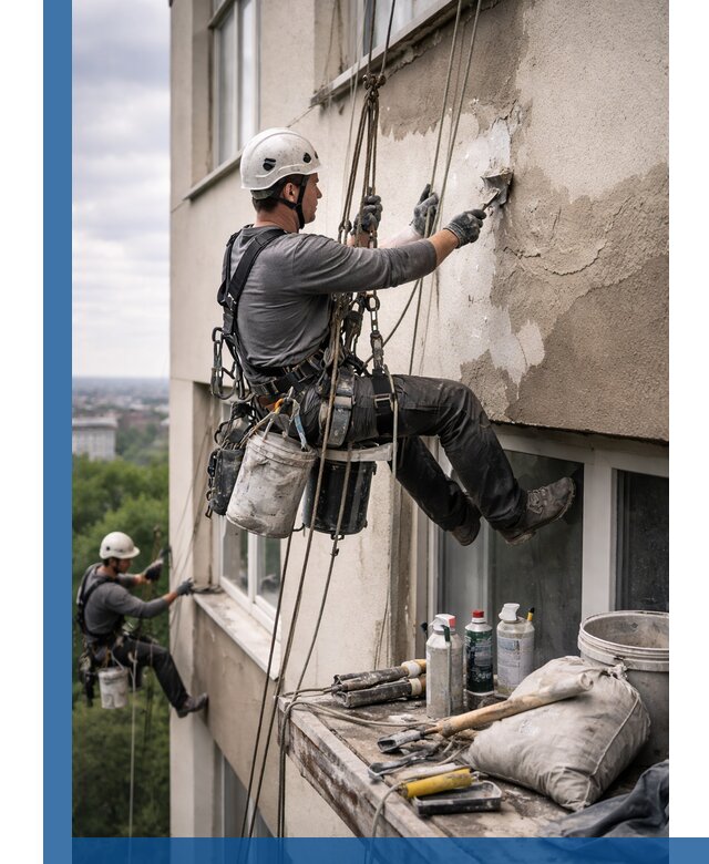 Косметический ремонт фасада зданий в Дзержинске промышленными альпинистами