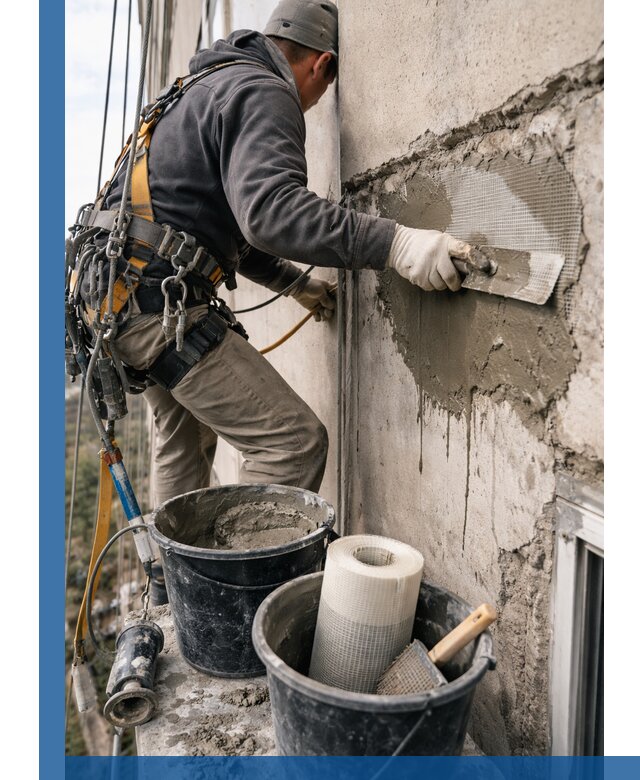 Ремонт бетонных элементов фасада промышленными альпинистами в Дзержинске