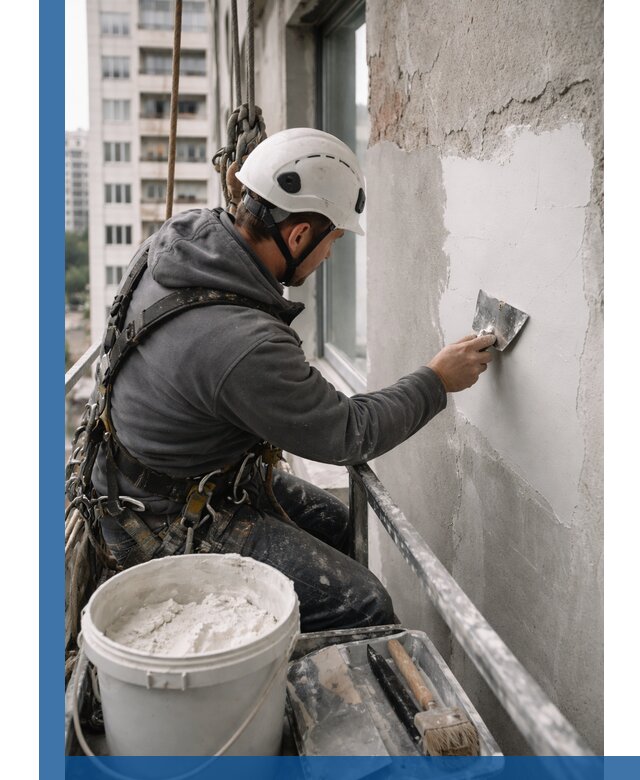 Шпаклевка фасадов на высоте с промальпинистами в Дзержинске