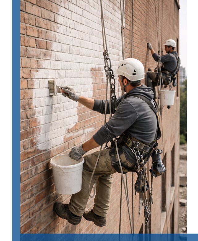 Покраска кирпичного фасада с доступным альпинистским сервисом в Дзержинске