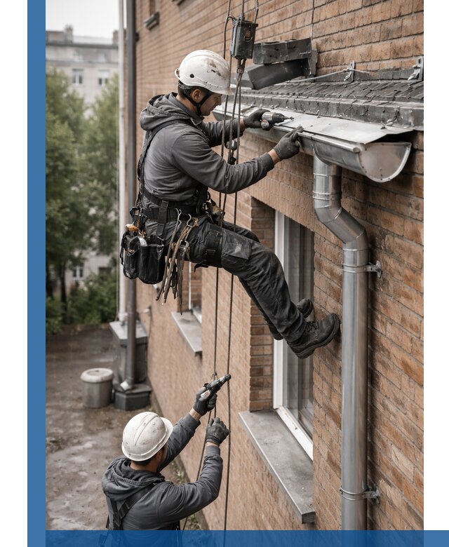 Монтаж водосточной системы на здании в Дзержинске под ключ