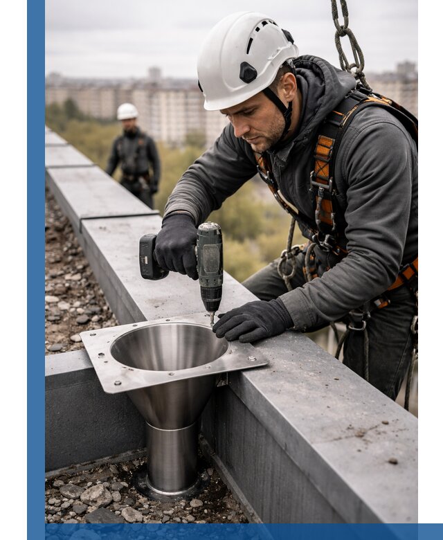 Монтаж водосточных воронок в Дзержинске для промышленных зданий