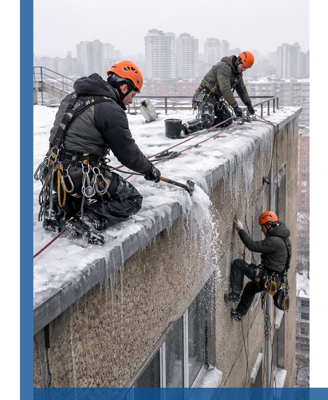 Удаление наледи с кровли в Дзержинске промышленными альпинистами