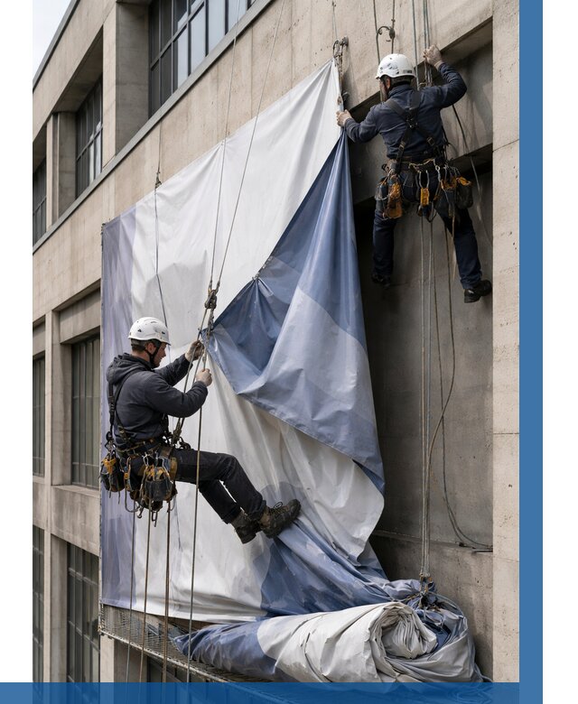 Демонтаж баннеров с фасада в Дзержинске от 4575 р. | ВЫСОТНИК-Дзр