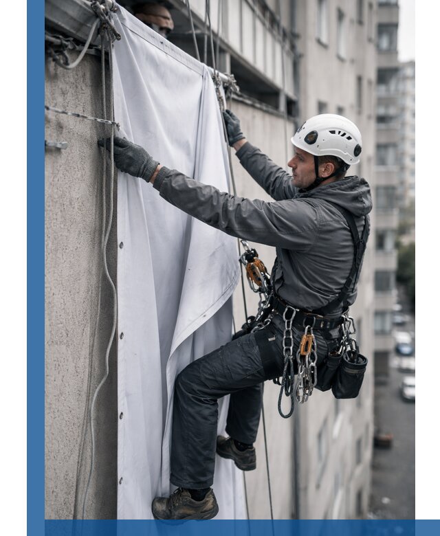 Замена баннерного полотна промышленными альпинистами в Дзержинске