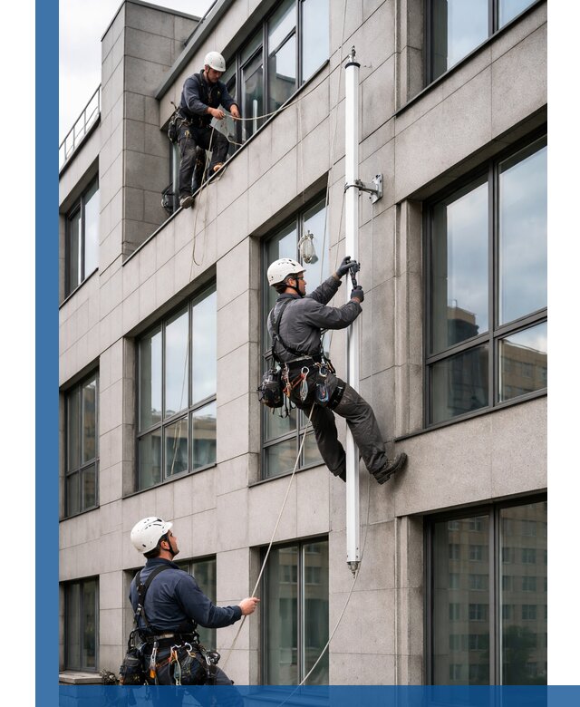 Монтаж флагштока на фасаде здания с креплением и герметикой в Дзержинске
