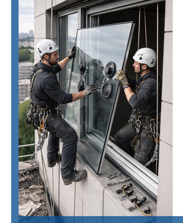 Замена стеклопакетов на высоте с промышленными альпинистами в Дзержинске