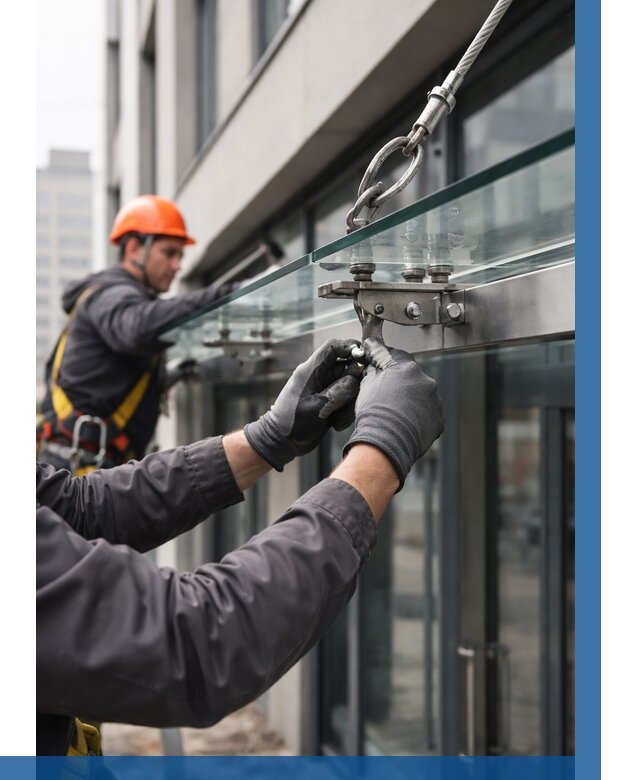 Монтаж стеклянных козырьков в Дзержинске от 8642 р. | ВЫСОТНИК-Дзр