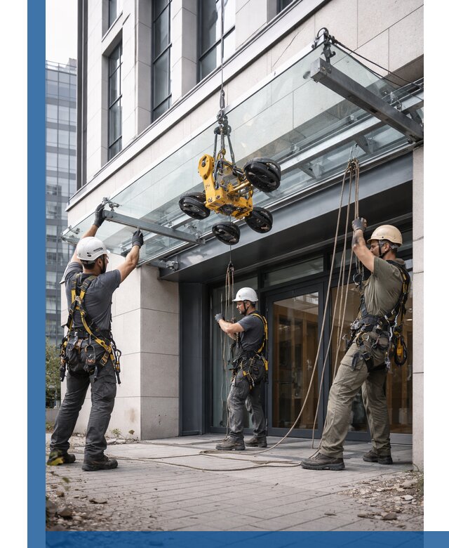 Монтаж стеклянных козырьков под ключ в Дзержинске для зданий