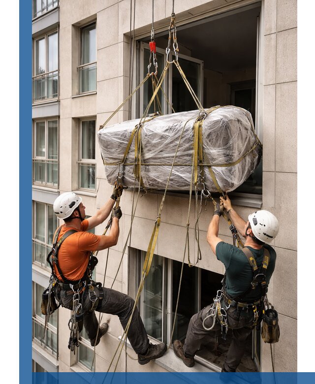 Подъем грузов через окно в Дзержинске промышленными альпинистами