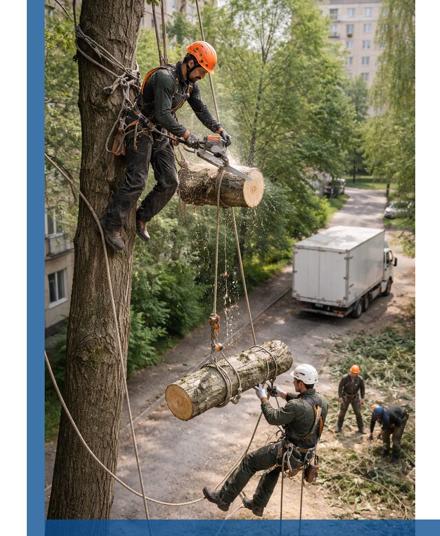 Спил деревьев альпинистами в Дзержинске, безопасно и без повреждений