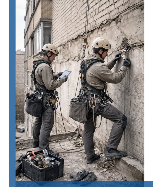 Обследование фасада промышленными альпинистами в Дзержинске